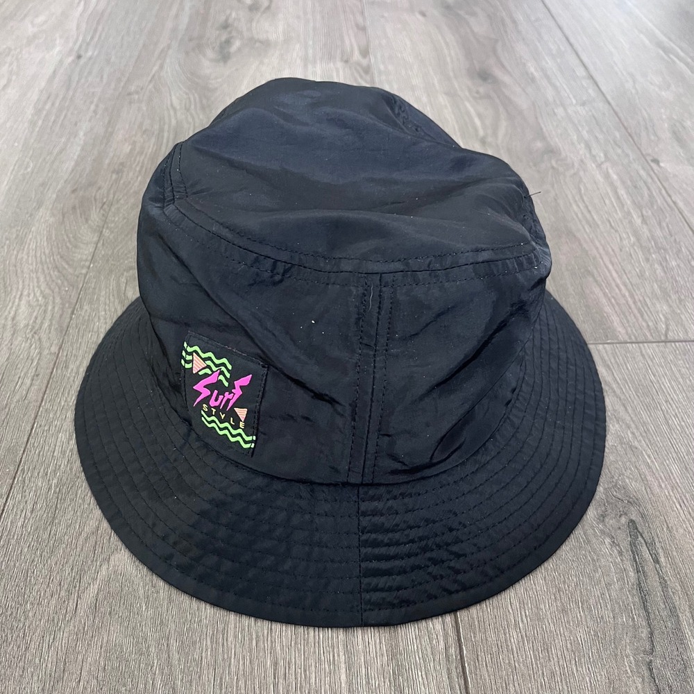 Surf Style Bucket Hat Black Retro Neon Logo One Size Polyester Nylon Blend